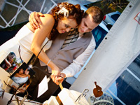 Photo of the bride and groom cutting the wedding cake